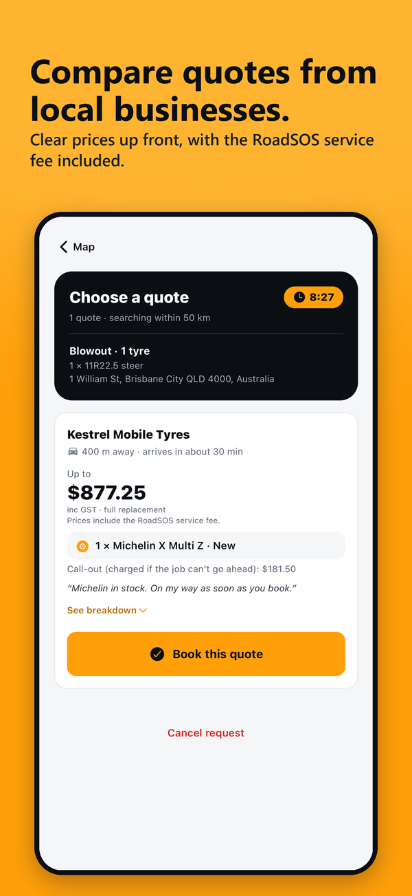 RoadSOS mobile app showing quote comparison from local tyre services with transparent call-out and repair pricing