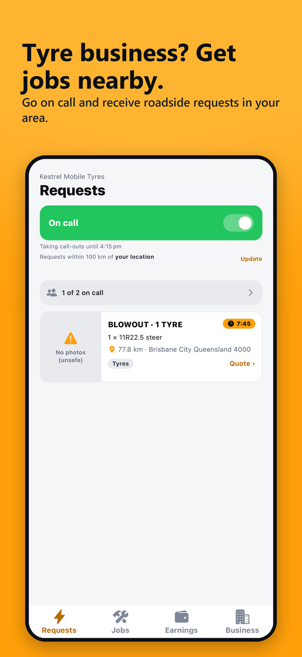 RoadSOS mobile app showing incoming roadside service requests for tyre and towing businesses