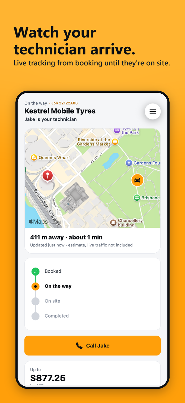 RoadSOS mobile app showing live GPS technician tracking to the truck roadside breakdown